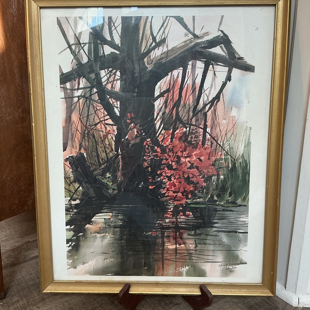 Vintage Water Color Print Dave Riebe Fall On The Vermillion River Framed 21 X 17